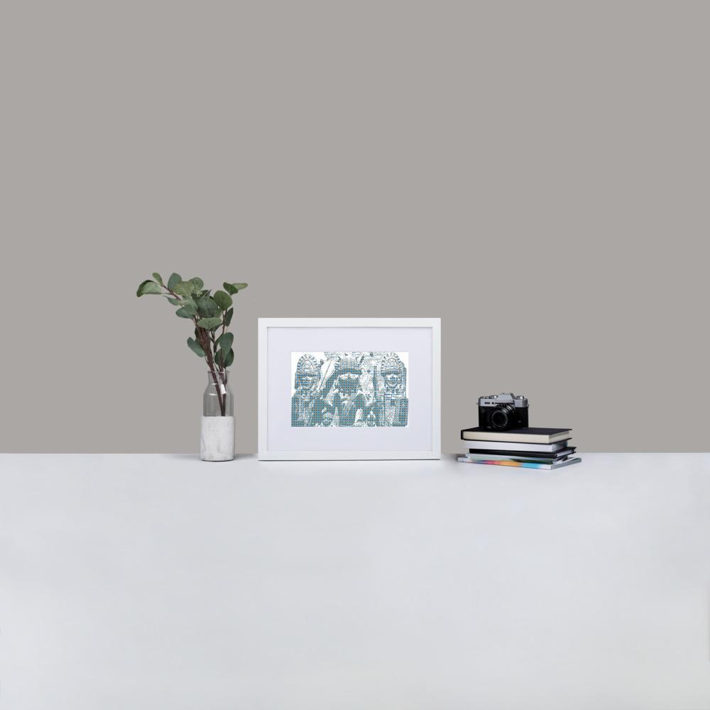 Benin Bronzes - Framed Print With Mat - Gingham Blue - GeorgeKenny Design